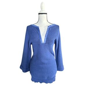 Moda International Womens Blue Ribbed V-Neck Sweater Three Quarter Sleeve Size S